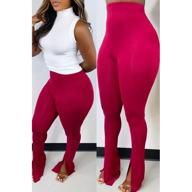 Burgundy Casual Sportswear Solid Split Joint Slit 