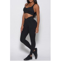 Black Sexy Sportswear Solid Backless Top Trousers Skinny Two-piece Set 