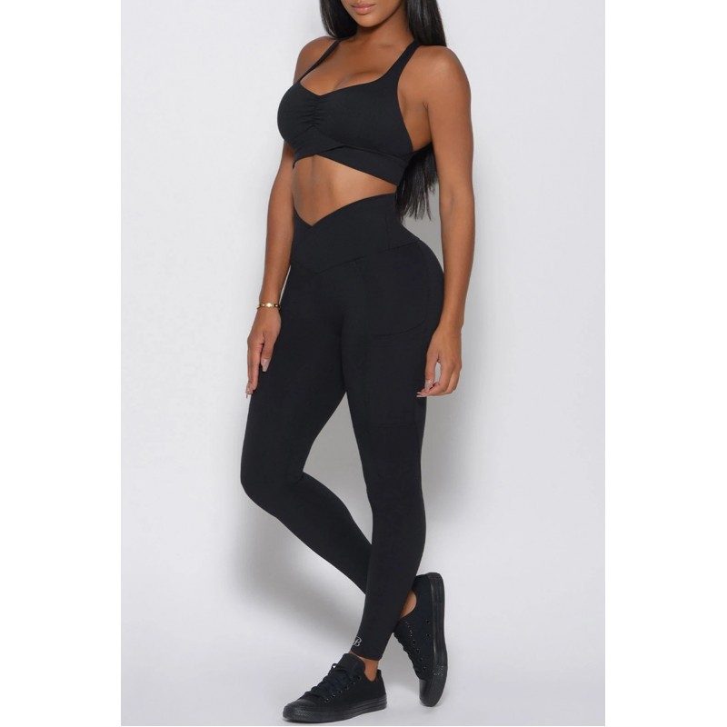 Black Sexy Sportswear Solid Backless Top Trousers Skinny Two-piece Set 