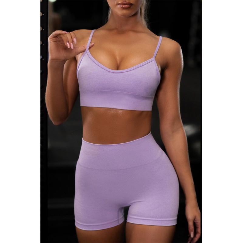 Purple Casual Sportswear Solid Backless Vest Shorts Two Piece Set 