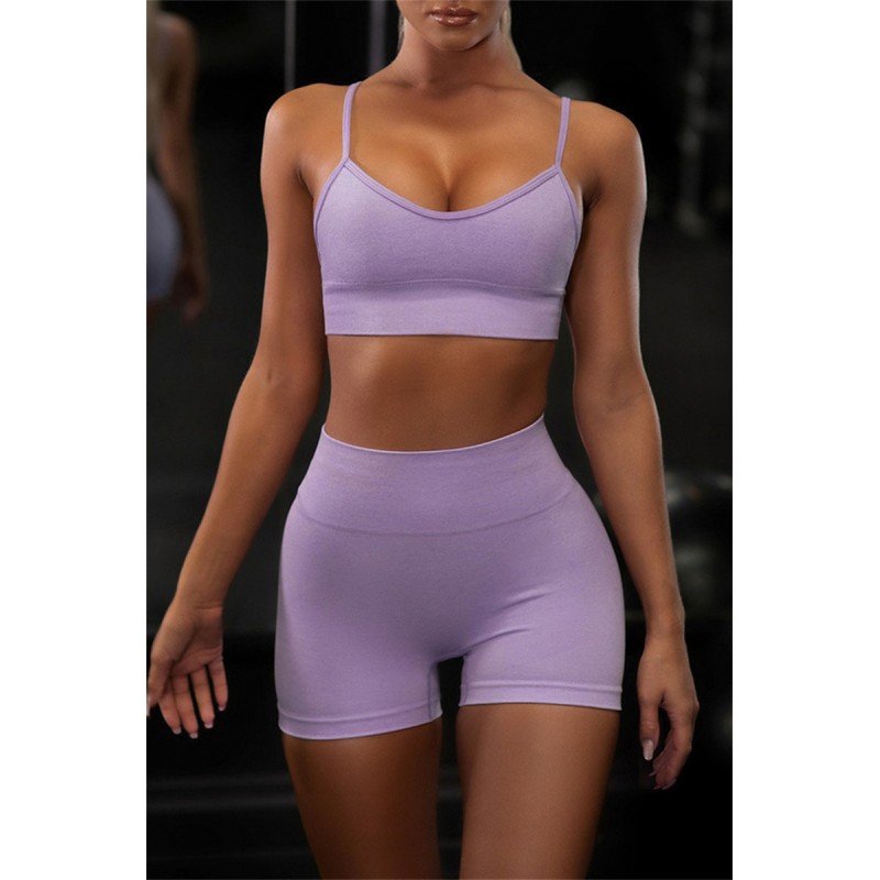 Purple Casual Sportswear Solid Backless Vest Shorts Two Piece Set 