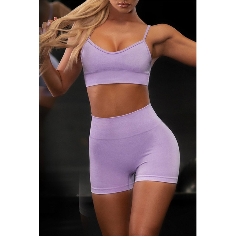 Purple Casual Sportswear Solid Backless Vest Shorts Two Piece Set 