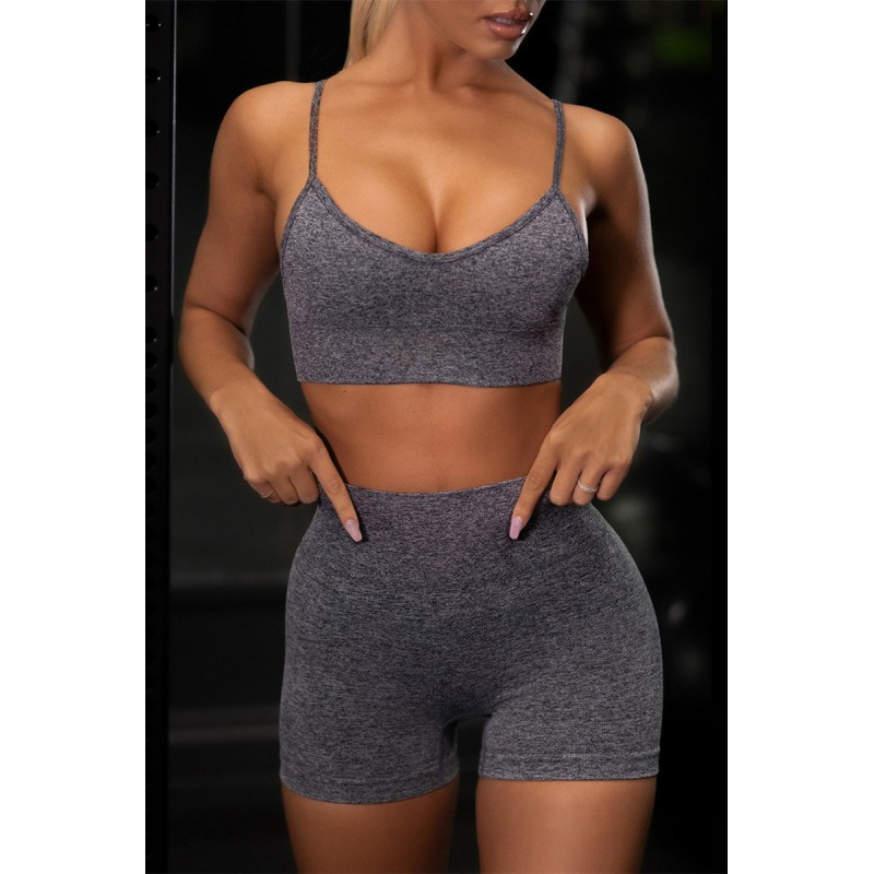 Dark Gray Casual Sportswear Solid Backless Vest Shorts Two Piece Set 