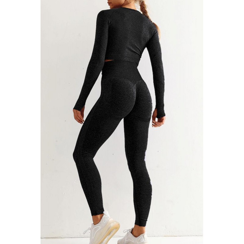 Black Casual Sportswear Solid Split Joint Skinny Long Sleeved Top Trousers Two-piece Set 