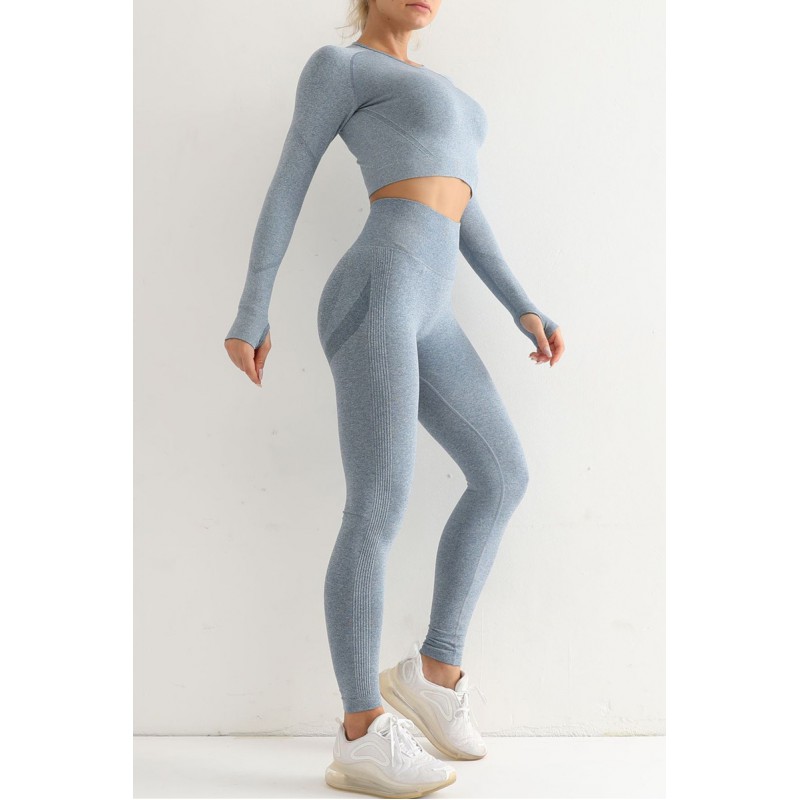 Blue Casual Sportswear Solid Split Joint Skinny Long Sleeved Top Trousers Two-piece Set 