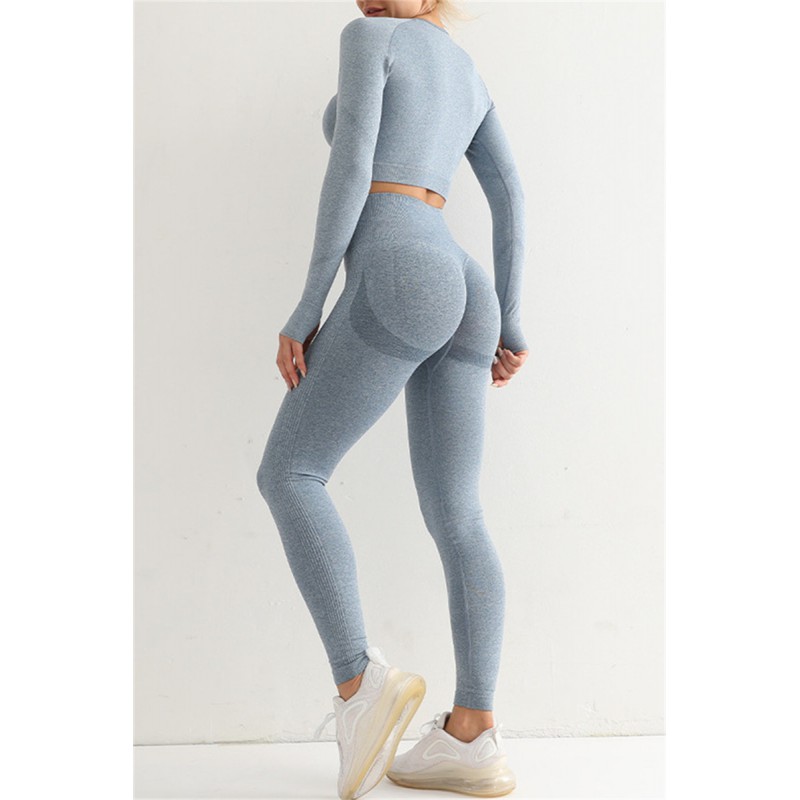 Blue Casual Sportswear Solid Split Joint Skinny Long Sleeved Top Trousers Two-piece Set 