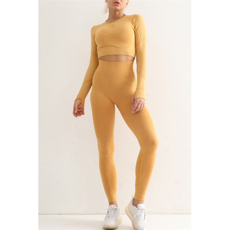 Yellow Casual Sportswear Solid Split Joint Skinny Long Sleeved Top Trousers Two-piece Set 