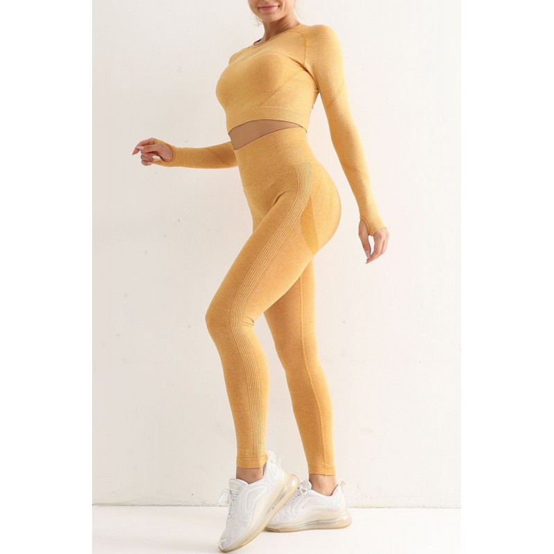 Yellow Casual Sportswear Solid Split Joint Skinny Long Sleeved Top Trousers Two-piece Set 