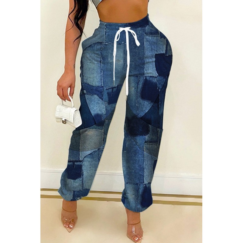 Light Blue Casual Street Print Patchwork Loose High Waist Pencil Full Print Bottoms 