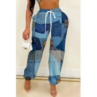 Light Blue Casual Street Print Patchwork Loose High Waist Pencil Full Print Bottoms 