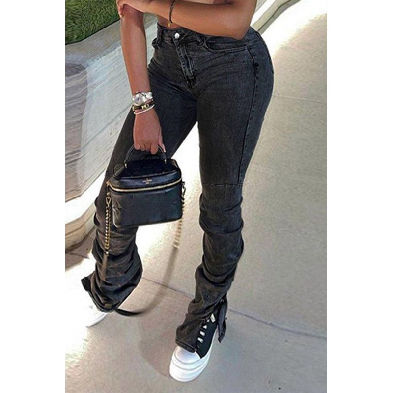 Dark Gray Fashion Casual Solid Patchwork Slit Fold High Waist Regular Denim Jeans 