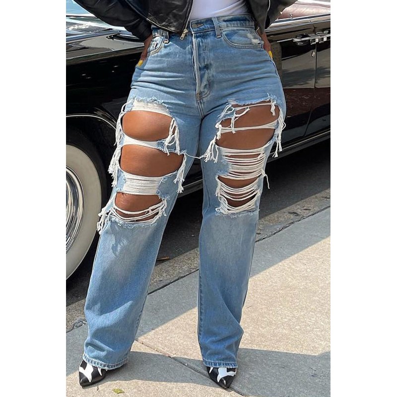 Blue Casual Street Solid Ripped Make Old Patchwork High Waist Denim Jeans 