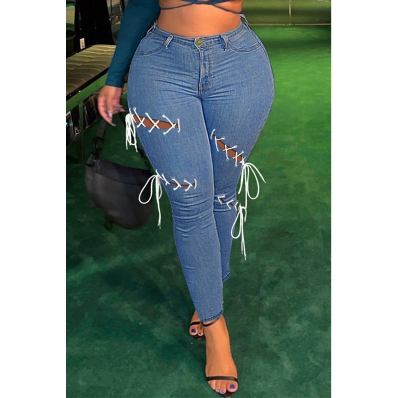 Medium Blue Fashion Casual Solid Bandage Hollowed Out Patchwork High Waist Skinny Denim Jeans 