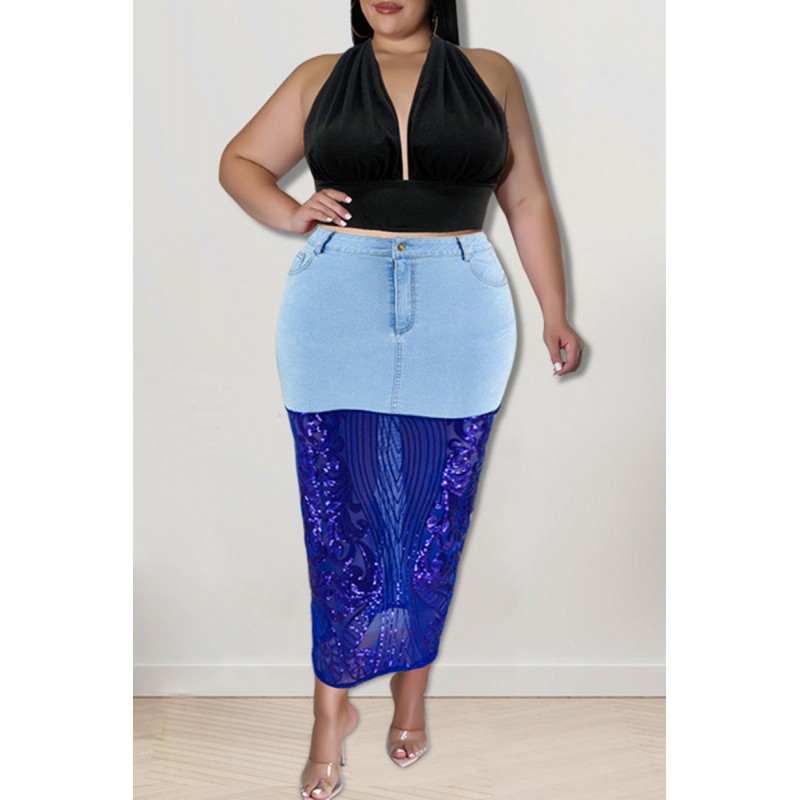 Black Sexy Solid Embroidered Sequins Patchwork High Waist Denim Skirts 