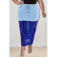 Light Blue Sexy Solid Embroidered Sequins Patchwork High Waist Denim Skirts 