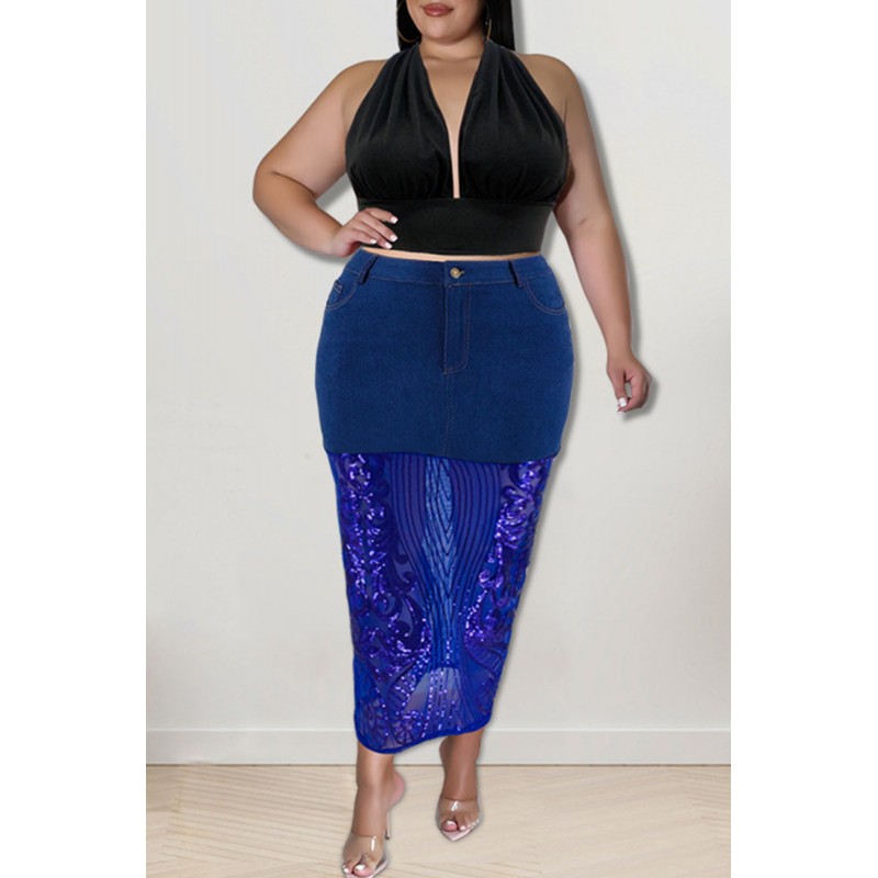 Deep Blue Sexy Solid Embroidered Sequins Patchwork High Waist Denim Skirts 