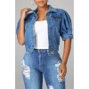 Deep Blue Fashion Casual Solid Patchwork Knotted Turndown Collar Short Sleeve Regular Denim Jacket 