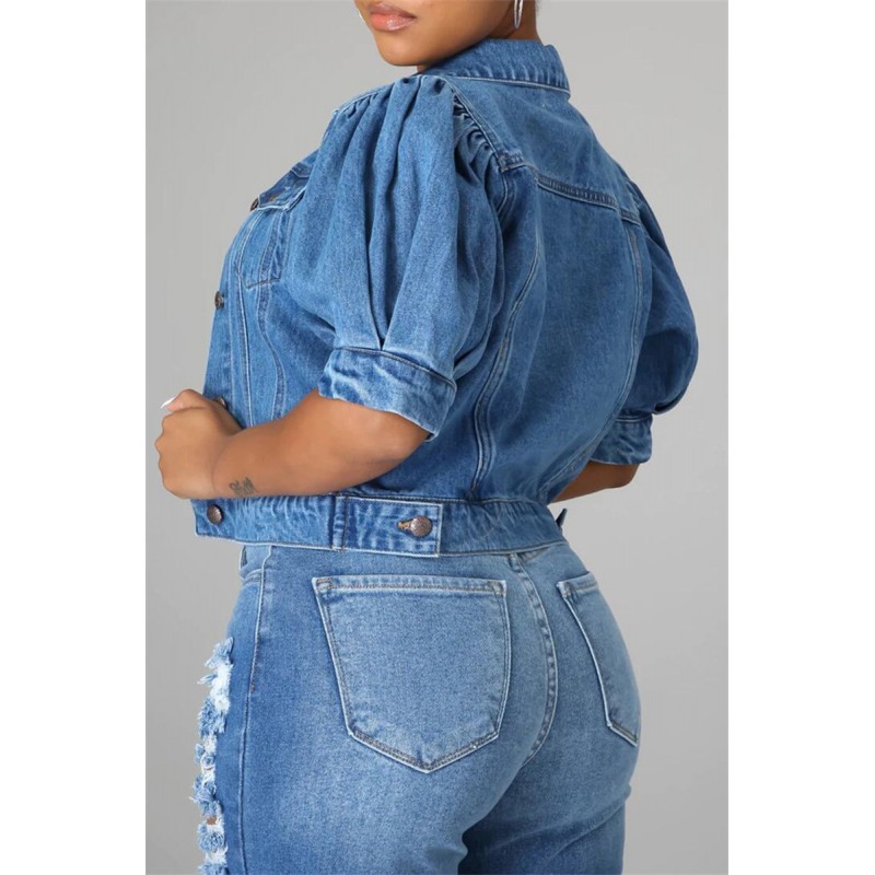 Deep Blue Fashion Casual Solid Patchwork Knotted Turndown Collar Short Sleeve Regular Denim Jacket 