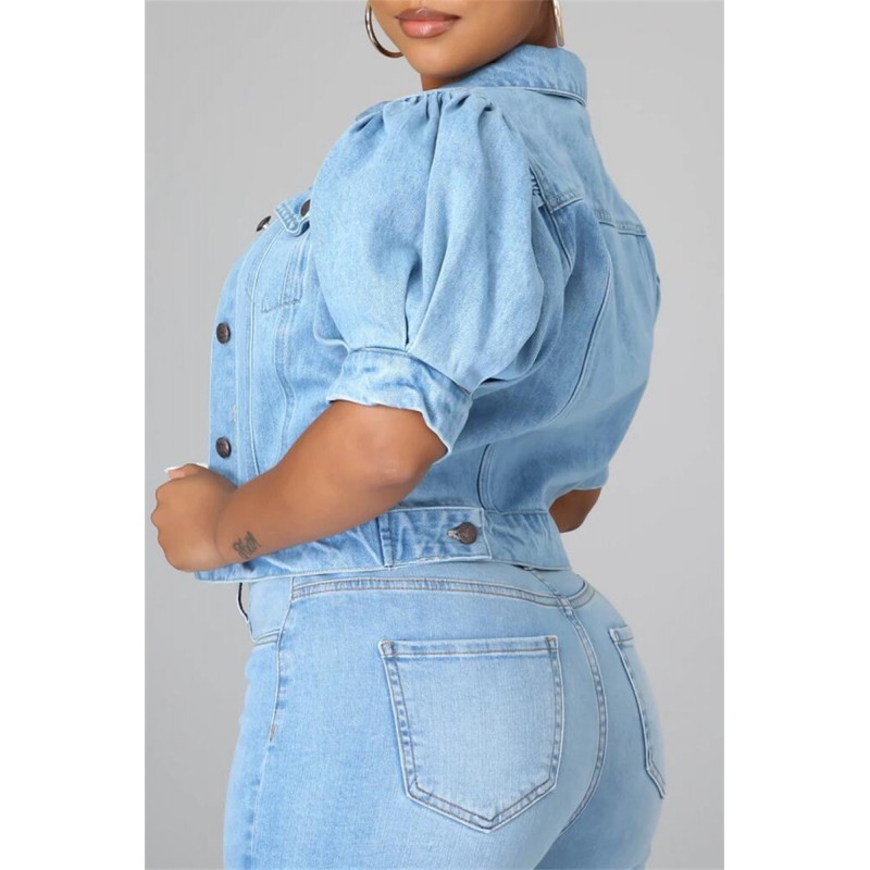 Deep Blue Fashion Casual Solid Patchwork Knotted Turndown Collar Short Sleeve Regular Denim Jacket 