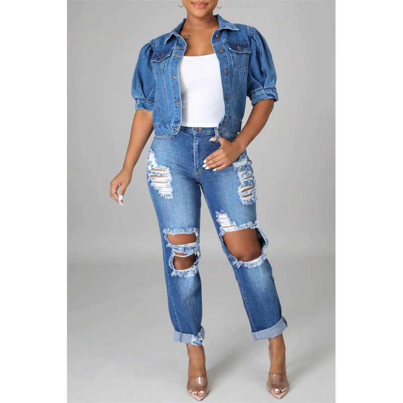 Deep Blue Fashion Casual Solid Patchwork Knotted Turndown Collar Short Sleeve Regular Denim Jacket 