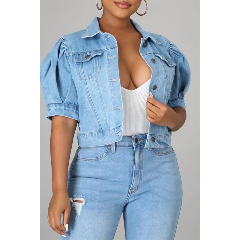 Deep Blue Fashion Casual Solid Patchwork Knotted Turndown Collar Short Sleeve Regular Denim Jacket 