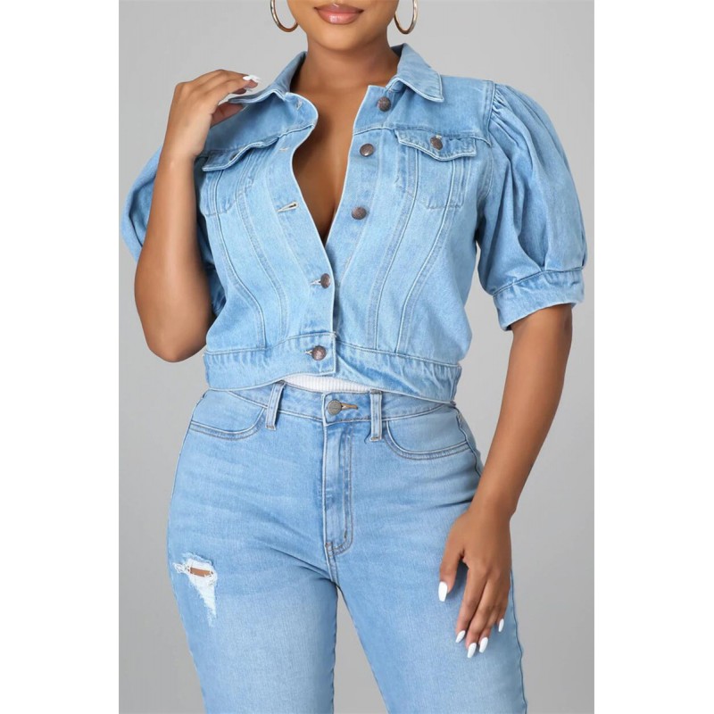 Deep Blue Fashion Casual Solid Patchwork Knotted Turndown Collar Short Sleeve Regular Denim Jacket 