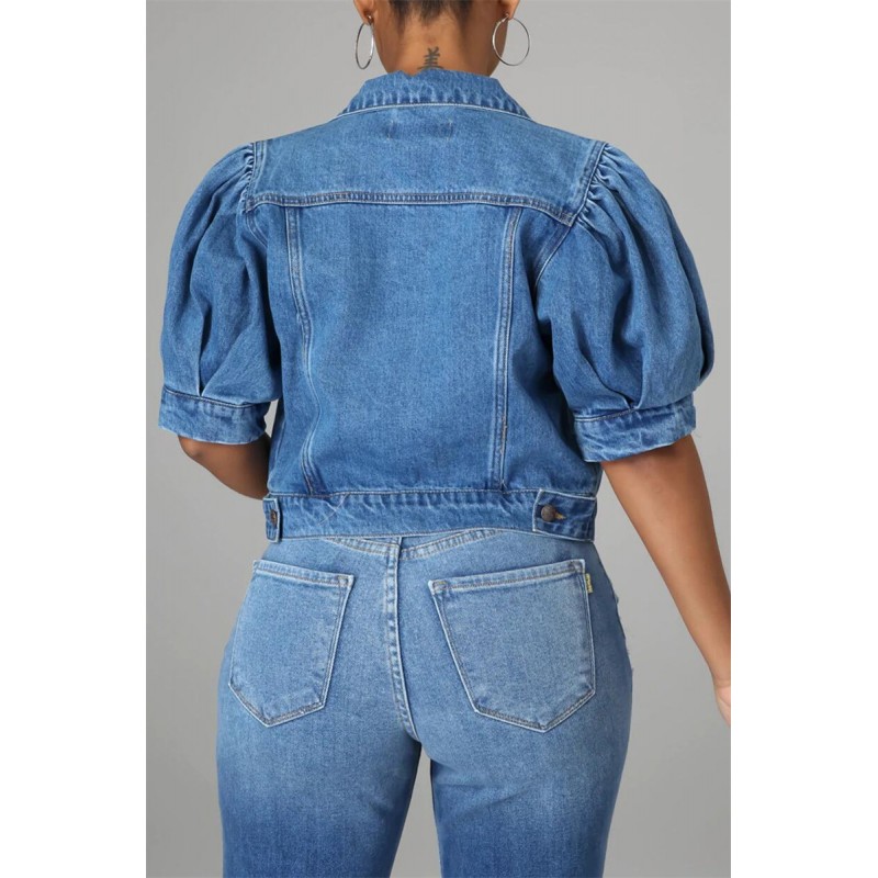 Deep Blue Fashion Casual Solid Patchwork Knotted Turndown Collar Short Sleeve Regular Denim Jacket 