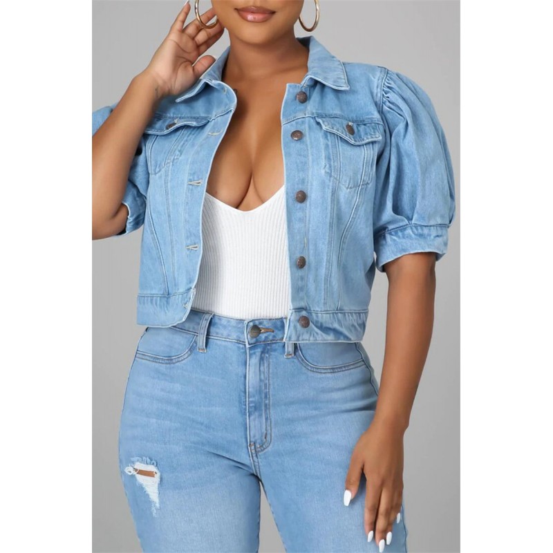 Deep Blue Fashion Casual Solid Patchwork Knotted Turndown Collar Short Sleeve Regular Denim Jacket 