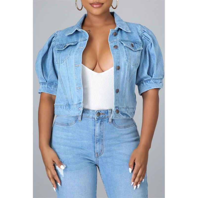 Deep Blue Fashion Casual Solid Patchwork Knotted Turndown Collar Short Sleeve Regular Denim Jacket 