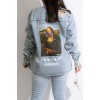 Light Blue Casual Street Print Ripped Make Old Patchwork Buckle Turndown Collar Long Sleeve Straight Denim Jacket 