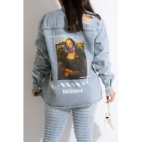 Light Blue Casual Street Print Ripped Make Old Patchwork Buckle Turndown Collar Long Sleeve Straight Denim Jacket 