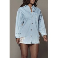 Blue Casual Solid Ripped Patchwork Buckle Turndown Collar Long Sleeve Straight Denim Jacket 