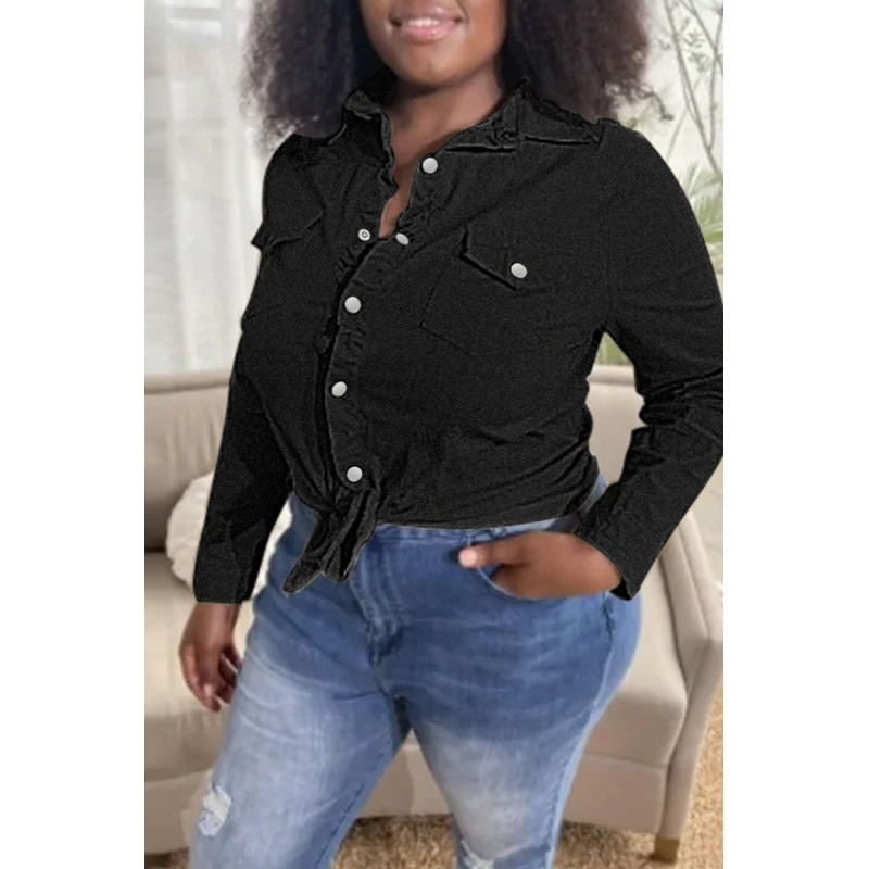 Black Fashion Casual Solid Patchwork Turndown Collar Long Sleeve Regular Denim Jacket 