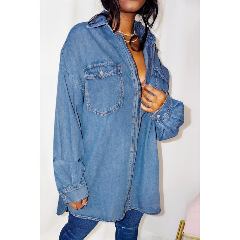 Medium Blue Fashion Casual Solid Patchwork Turndown Collar Long Sleeve Regular Denim Jacket 