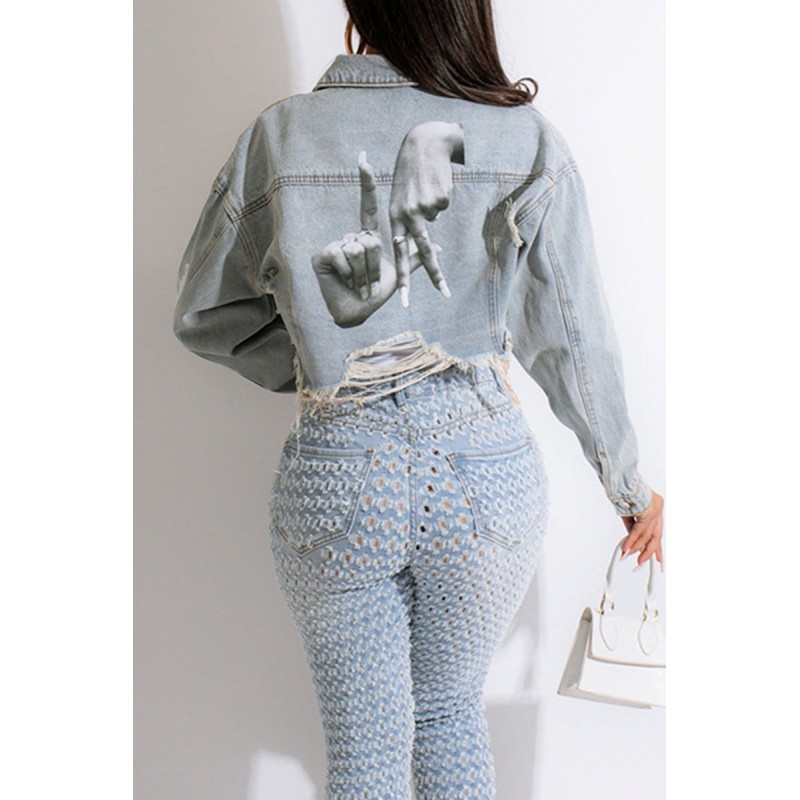 Black White Street Print Make Old Split Joint Buckle Turndown Collar Long Sleeve Straight Denim Jacket 