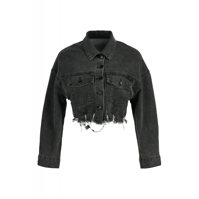 Black White Street Print Make Old Split Joint Buckle Turndown Collar Long Sleeve Straight Denim Jacket 