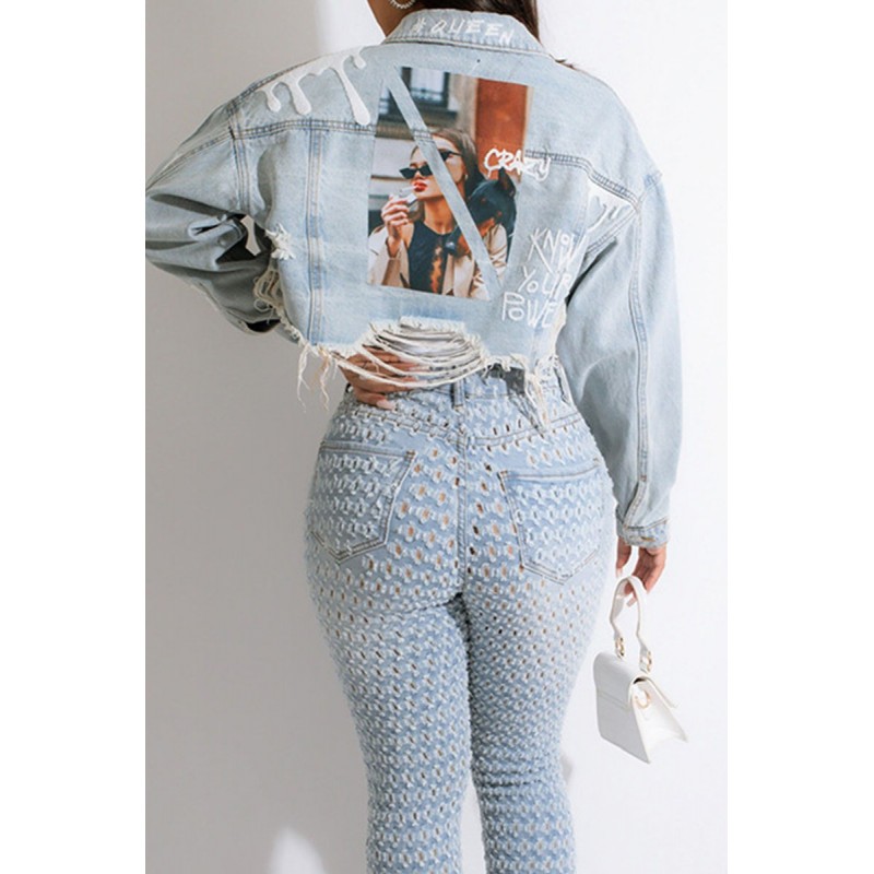 Black White Street Print Make Old Split Joint Buckle Turndown Collar Long Sleeve Straight Denim Jacket 