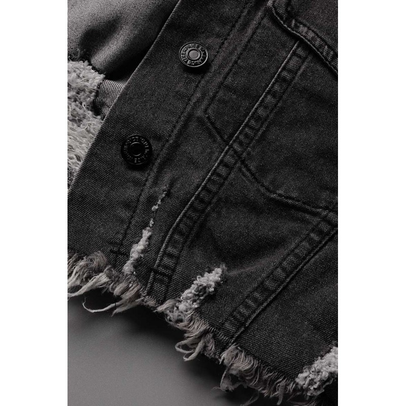 Black Street Print Make Old Split Joint Buckle Turndown Collar Long Sleeve Straight Denim Jacket 