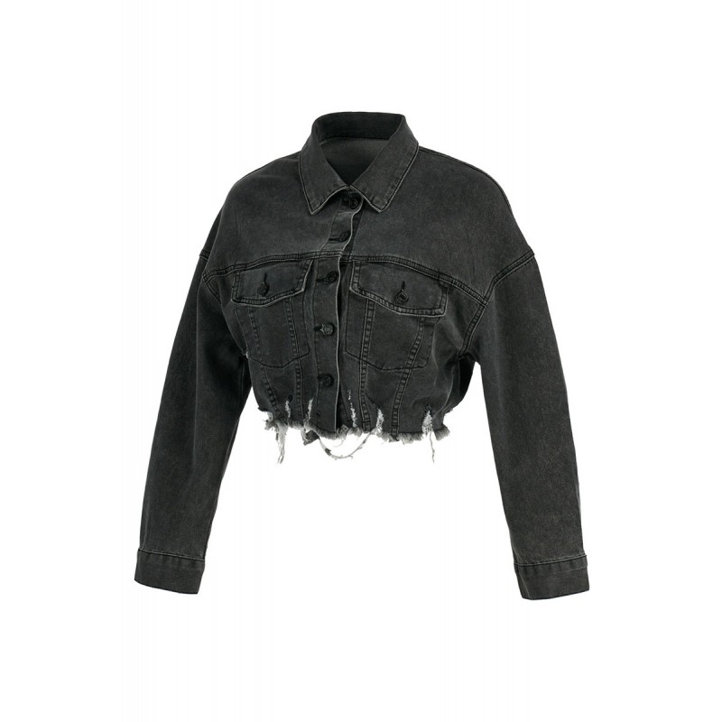 Black Street Print Make Old Split Joint Buckle Turndown Collar Long Sleeve Straight Denim Jacket 