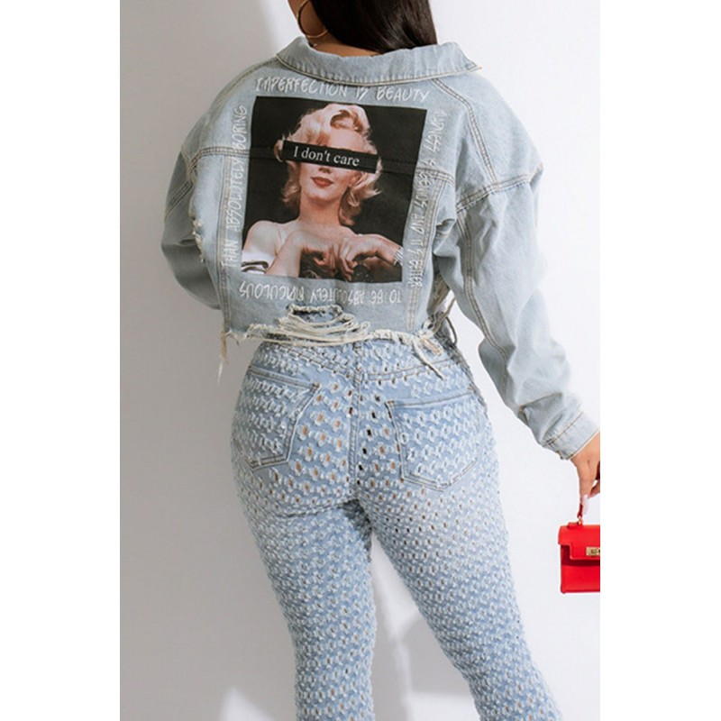 Light Blue Street Print Make Old Split Joint Buckle Turndown Collar Long Sleeve Straight Denim Jacket 