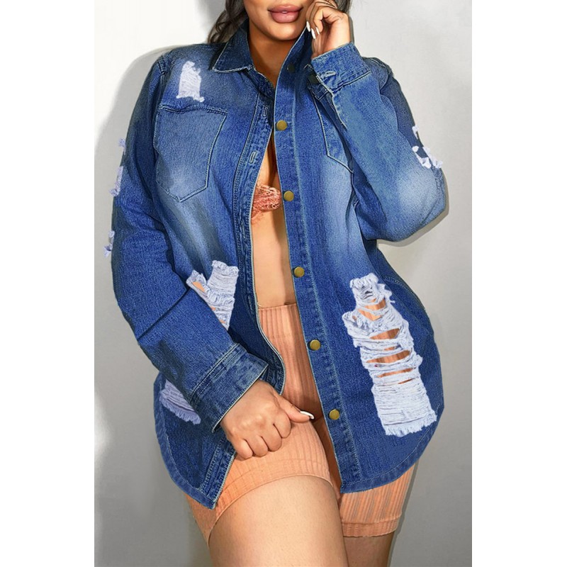 Light Blue Fashion Casual Solid Ripped Turndown Collar Long Sleeve Regular Denim Jacket 