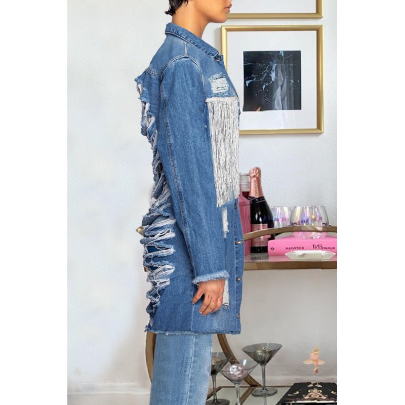 Baby Blue Fashion Casual Patchwork Tassel Ripped Backless Cardigan Turndown Collar Long Sleeve Regular Denim Jacket 