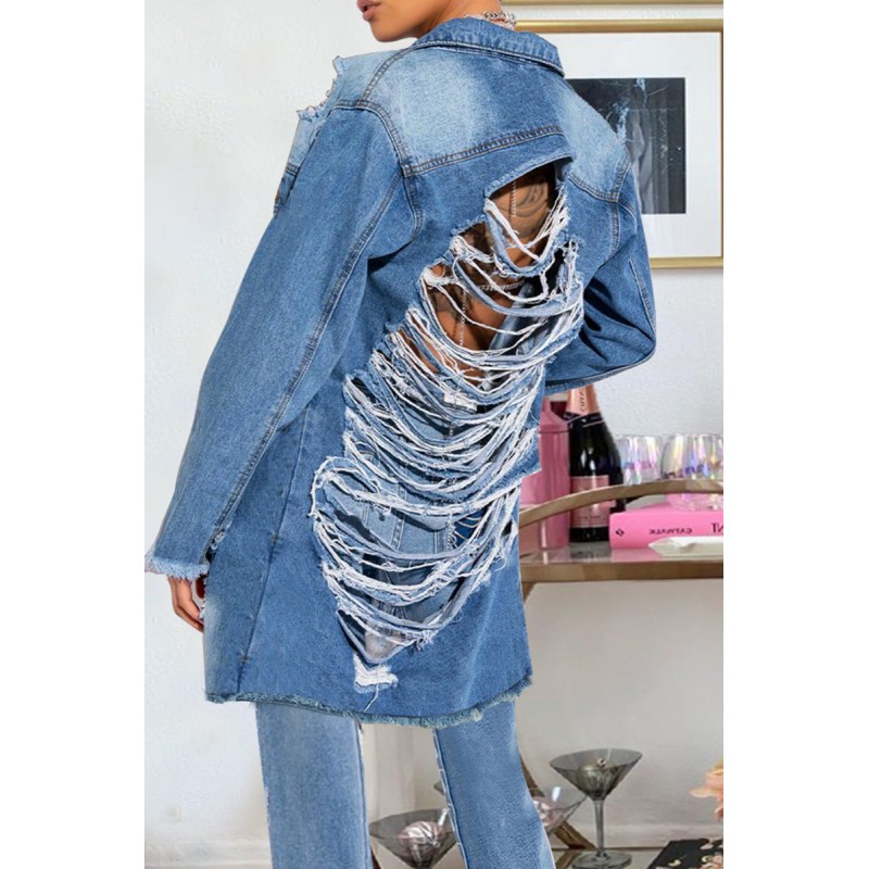 Baby Blue Fashion Casual Patchwork Tassel Ripped Backless Cardigan Turndown Collar Long Sleeve Regular Denim Jacket 