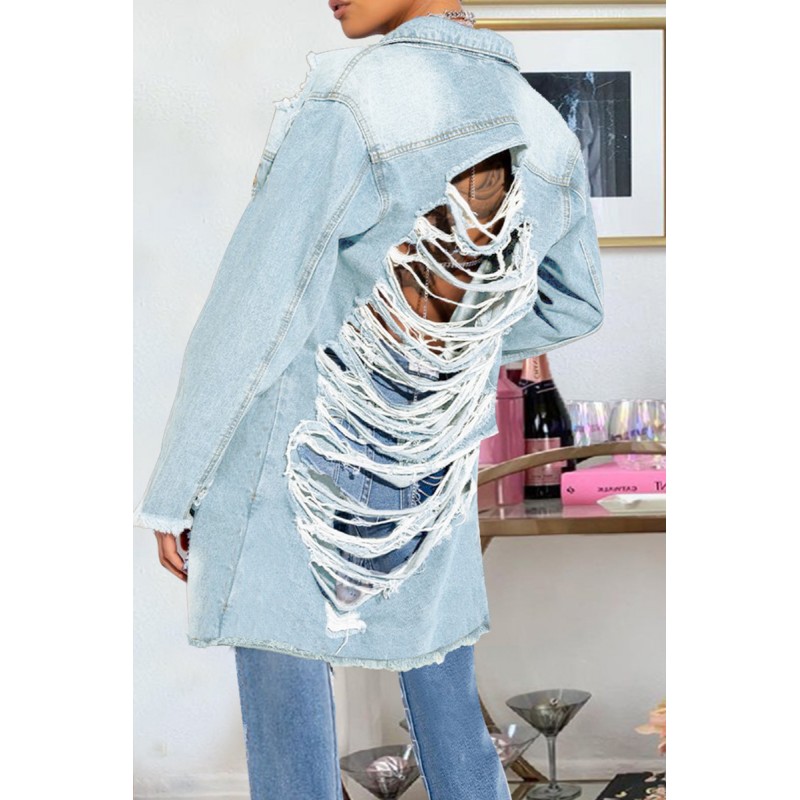 Baby Blue Fashion Casual Patchwork Tassel Ripped Backless Cardigan Turndown Collar Long Sleeve Regular Denim Jacket 