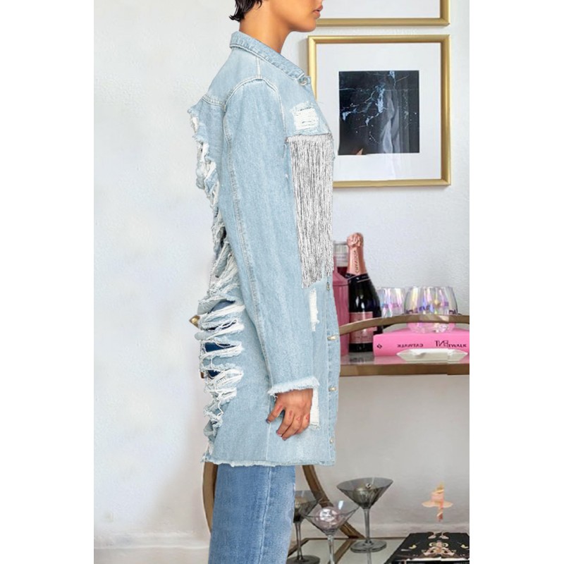 Baby Blue Fashion Casual Patchwork Tassel Ripped Backless Cardigan Turndown Collar Long Sleeve Regular Denim Jacket 