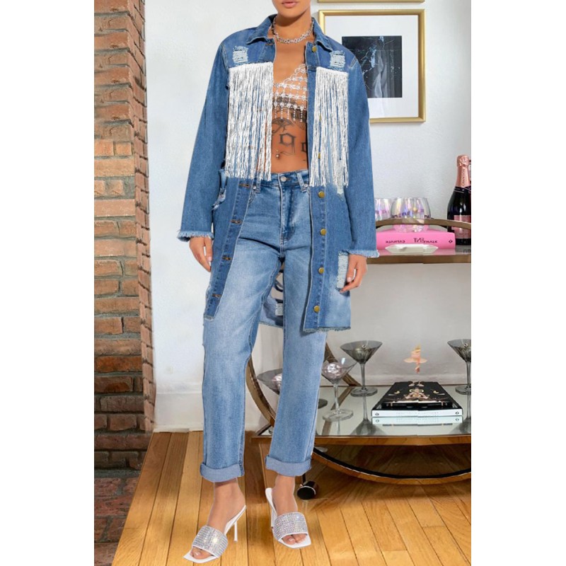 Baby Blue Fashion Casual Patchwork Tassel Ripped Backless Cardigan Turndown Collar Long Sleeve Regular Denim Jacket 