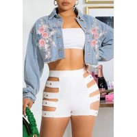 Light Blue Fashion Casual Print Patchwork Turndown Collar Long Sleeve Denim Jacket 