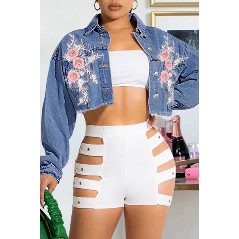 Light Blue Fashion Casual Print Patchwork Turndown Collar Long Sleeve Denim Jacket 