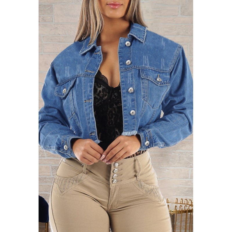 Light Blue Fashion Casual Solid Tassel Patchwork Turndown Collar Long Sleeve Regular Denim Jacket 