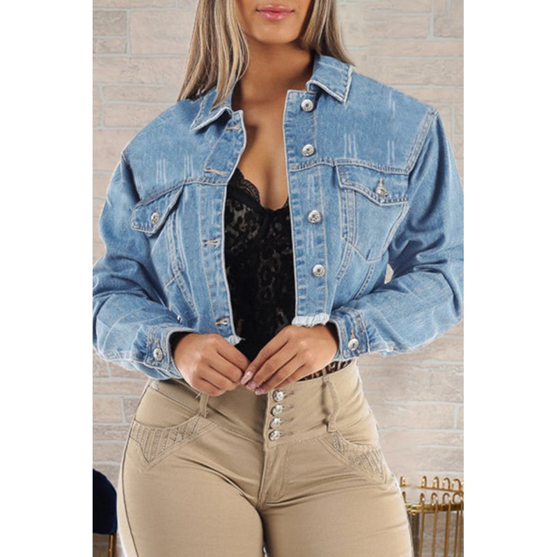 Deep Blue Fashion Casual Solid Tassel Patchwork Turndown Collar Long Sleeve Regular Denim Jacket 